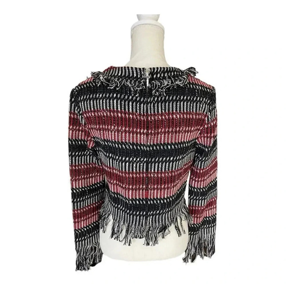 NICHOLAS Fringe Tweed Red Black Stripe Cotton Wool Woven Zip Top - Picture 3 of 15